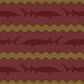 Winter Knitted woolen seamless pattern with sturgeons in vintage burgundy tones