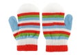 Knitted woolen warm mittens for children, winter clothes, isolated on a white background