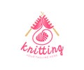 Knitting, balls of yarn for hand knitting and wooden needles, logo design. Crafts, hobbies, needlework, knit and knitting needles,