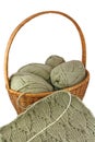 Knitting basket with skeins and needlework.