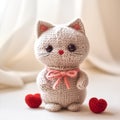 knitting of cat doll hugging red heart, super cute, valentine co