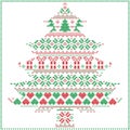 Knitting Christmas pattern in in Christmas tree shape including snowflakes, hearts Xmas trees Christmas presents, snow, stars Royalty Free Stock Photo