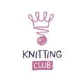 Knitting club vector template logo. Freehand drawn line crown an