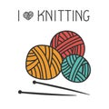 Knitting composition from balls of wool in the style of doodle. For a yarn shop or tailor. Vector illustration