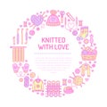 Knitting, crochet, hand made banner illustration. Vector line icon knitting needle, hook, scarf, socks, pattern, wool Royalty Free Stock Photo