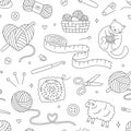 Knitting, crochet seamless pattern. Vector background with doodle illustration - cat playing with wool yarn ball, sheep