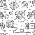 Knitting, crochet seamless pattern. Vector background with doodle illustration of wool yarn ball, hook, basket with Royalty Free Stock Photo