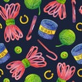 Knitting and crochet tools watercolor seamless pattern. Hand drawn illustration isolated on dark background.