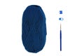 Knitting and crocheting flatlay.Blue yarn skein, crochet hook, row counter on white background isolated.Knit hat process