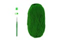 Knitting and crocheting flatlay.Green yarn skein, crochet hook, row counter on white background isolated. Knit process