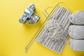 Knitting flatley. A horizontal collage of knitwear, skeins of yarn, knitting needles and a vintage camera on a bright background.