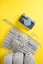 Knitting flatley. A vertical collage of knitwear, skeins of yarn, knitting needles and a vintage camera on a bright background. Royalty Free Stock Photo