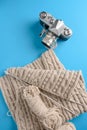 Knitting flatley. A vertical collage of knitwear, skeins of yarn, knitting needles and a vintage camera on a bright background. Royalty Free Stock Photo