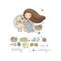 Knitting girl and a cute cartoon sheep. Handmade things.