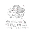 Knitting girl and a cute cartoon sheep. Handmade things.