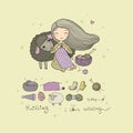 Knitting girl and a cute cartoon sheep. Handmade things. Royalty Free Stock Photo