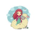 Knitting girl and a cute cartoon sheep. Royalty Free Stock Photo