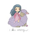 Knitting girl and a cute cartoon sheep. Royalty Free Stock Photo