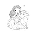 Knitting girl and a cute cartoon sheep.