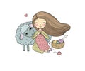 Knitting girl and a cute cartoon sheep.