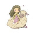 Knitting girl and a cute cartoon sheep. Royalty Free Stock Photo