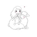 Knitting girl and a cute cartoon sheep.