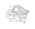 Knitting girl and a cute cartoon sheep.