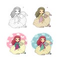 Knitting girl and a cute sheep. Handmade things. Hand drawing isolated objects on white background. Vector illustration Royalty Free Stock Photo