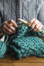 Knitting with green wool Royalty Free Stock Photo