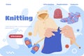 Knitting handcraft hobby landing page template vector flat female hands knitted warm clothes