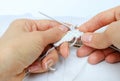 Hands knitting needles Royalty Free Stock Photo