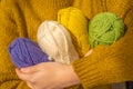 Knitting hobby.Wool yarn in yellow, beige, purple and green.Hobby and needlework.Knitting warm clothes with your own Royalty Free Stock Photo