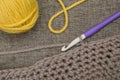 Knitting Hook, Crocheted Gray Wool, and Ball of Yellow Yarn