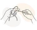 Knitting icon, female hands with hook and thread. Line art, sketch, clip art vector Royalty Free Stock Photo