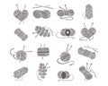 Knitting icons set, balls of yarn, skeins, knitting needles and hook. Hobby concept. Hand drawn design elements Royalty Free Stock Photo