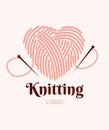 Knitting logo. Ball of yarn in heart with needles. Vector illustration