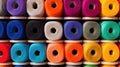 Knitting needles, colorful threads. Selection of colorful yarn wool on shopfront. Knitting background, lot of balls