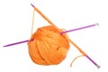Knitting needles forming X through ball of yarn, isolated