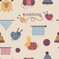 Knitting needles pattern seamless vector wool knitwear background or knitted woolen socks logo crocheting woolly