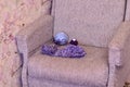 Knitting needles, a sock and a woolen ball of thread left on the chair. Royalty Free Stock Photo