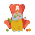 Knitting. Old female sitting in a cozy armchair knitting. Isolated flat vector illustration of a Granny knitting. The gray-haired