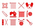 Knitting, red icons set.. Hobby and needlework concept. Templates, vector