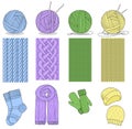 Knitting and set. Knitting needle, hook, hat, socks, wool skeins. Signs vector set and logos for yarn or tailor hand made store