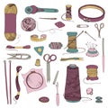 Knitting and sewing accessories. Hand drawn colorful illustrations set.