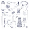 Knitting and sewing accessories. Hand drawn contour illustration set.