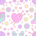 Knitting, sewing seamless pattern. Cute vector flat line illustration of hand made equipment knitting needle, bottons