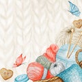 Knitting Shop Banner, Branding, Avatar - needles, yarns, button. For knit crafts, hobby. Illustration for handmade or