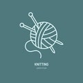 Knitting shop line logo. Yarn store flat sign, illustration of wool skeins with knitting needles