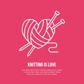 Knitting shop line logo. Yarn store flat sign, illustration of wool skeins with knitting needles