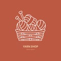 Knitting shop line logo. Yarn store flat sign, illustration of wool skeins with knitting needles